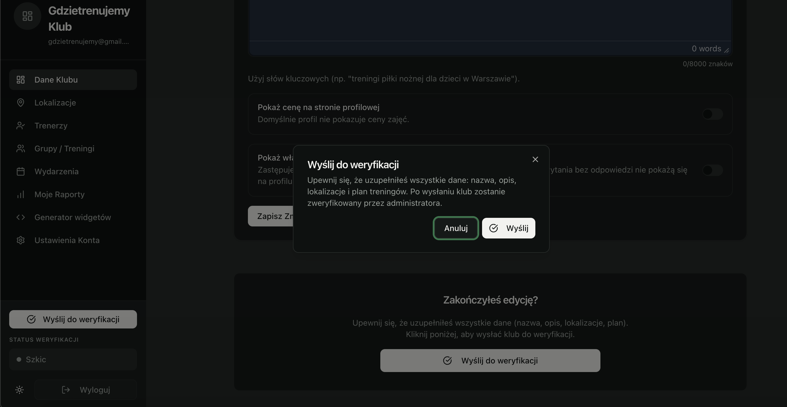 Panel klubu - zgłoszenie profilu do weryfikacji