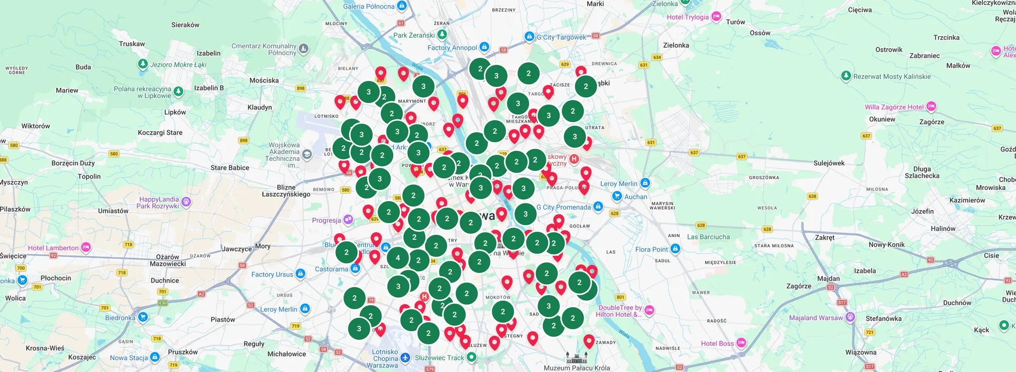 Mapa miasta z pinezkami klubów sportowych i trenerów